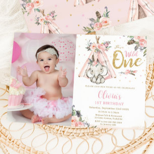 Tribal Boho Elephant Wild One 1st Birthday Picture Invitation