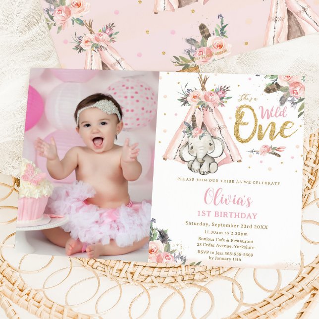Tribal Boho Elephant Wild One 1st Birthday Picture Invitation (Creator Uploaded)