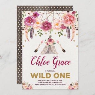Tribal Boho Floral WILD ONE Birthday Party Teepee Invitation