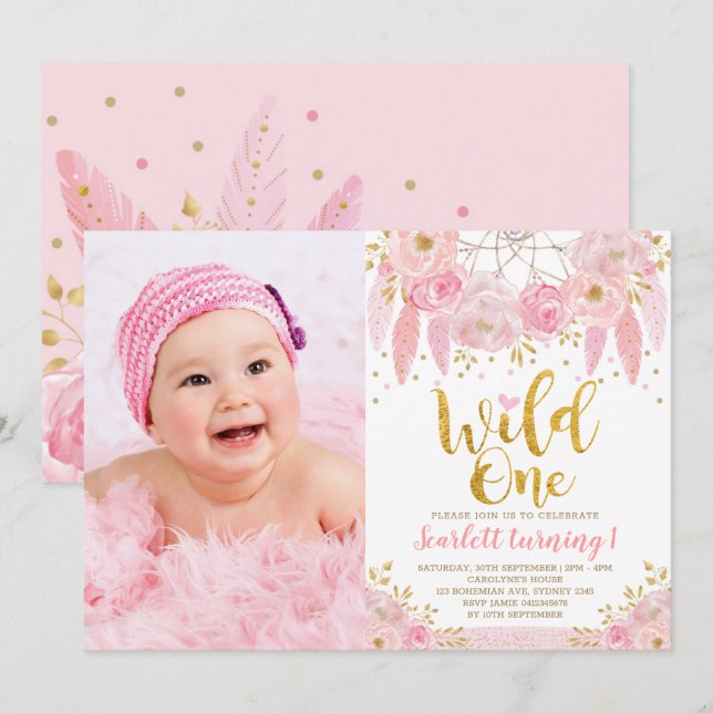 Tribal Boho Pink Dreamcatcher Wild One Birthday Invitation (Front/Back)