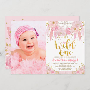 Tribal Boho Pink Dreamcatcher Wild One Birthday Invitation