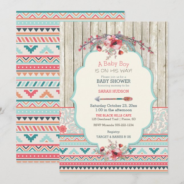 Tribal Boho Rustic Chic Wood Flowers Arrow Invitation (Front/Back)
