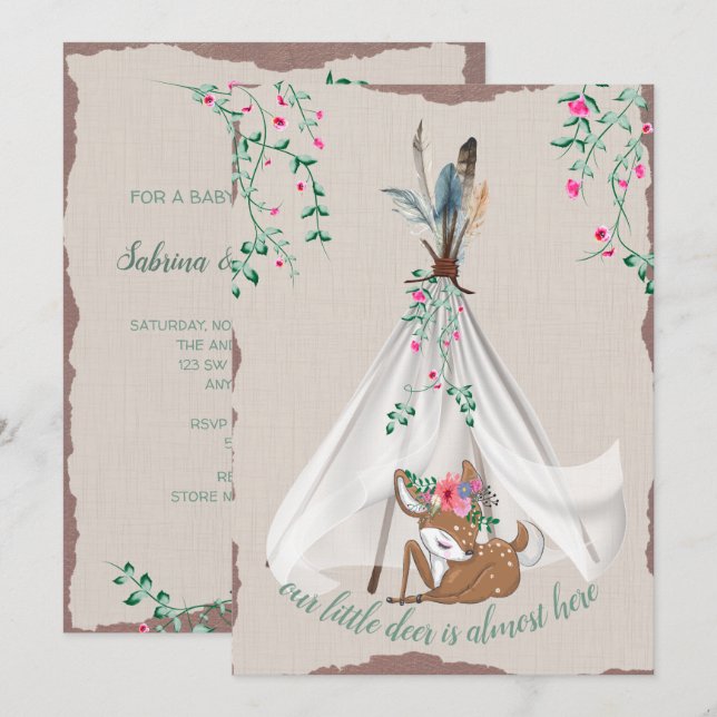 Tribal Boho Tipi and Deer Couple's Baby Shower Invitation (Front/Back)
