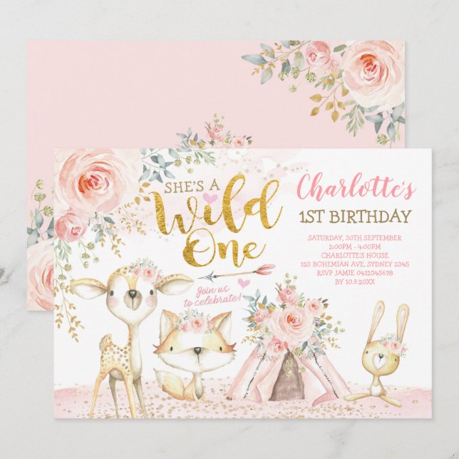 Tribal Boho Woodland Animals Wild One 1st Birthday Invitation (Front/Back)