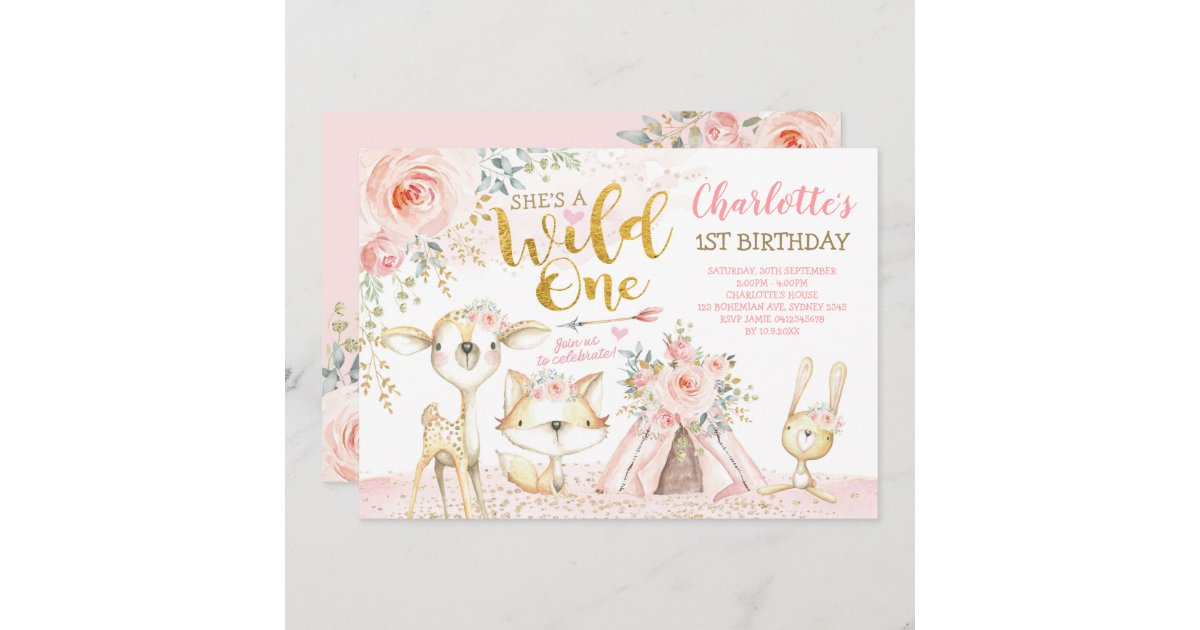 Pink Wild one Deer Antler Flowers First Birthday Party invite Gold Rustic Wood #2002 Arrow Hipster Adventure Girls Printable Printed