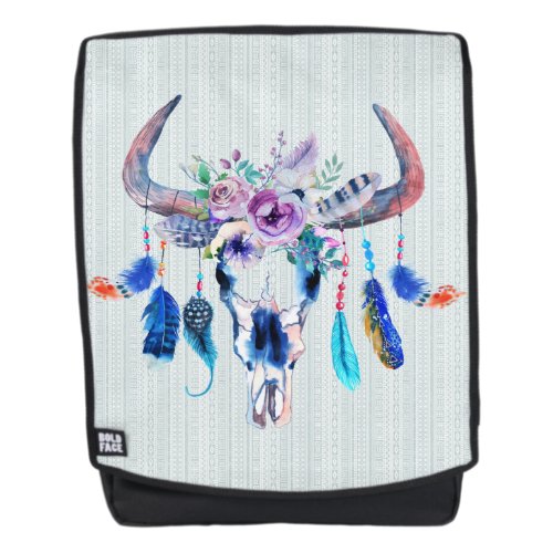 Tribal Buffalo Scull Flowers  Feathers Backpack