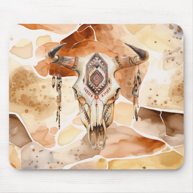 Tribal Bull Horns Skull Mouse Pad (Front)