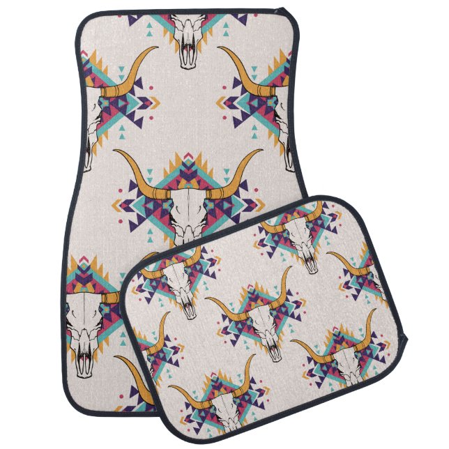 Tribal Bull Skull: Boho Seamless Car Floor Mat (Set)