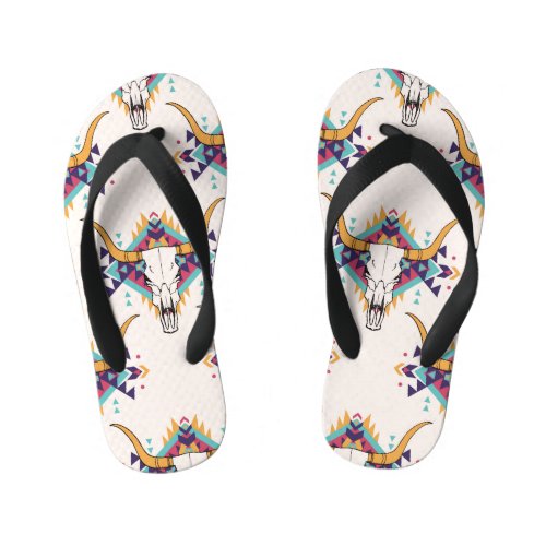 Tribal Bull Skull Boho Seamless Kids Flip Flops