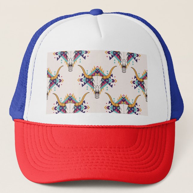 Tribal Bull Skull: Boho Seamless Trucker Hat (Front)
