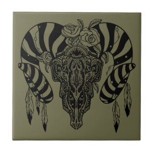 Tribal bull skull ceramic tile