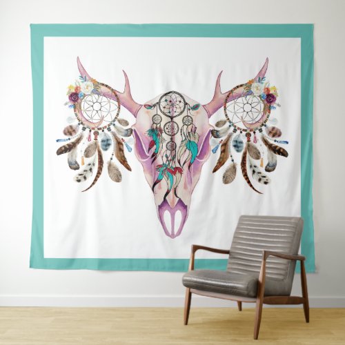 Tribal bull skull  colorful feathers dreamcatcher tapestry