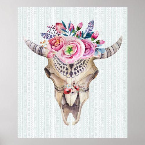 Tribal Bull Skull  Pink Watercolors Flowers Poster