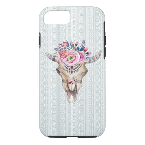 Tribal Bull Skull With Colorful Flowers iPhone 87 Case
