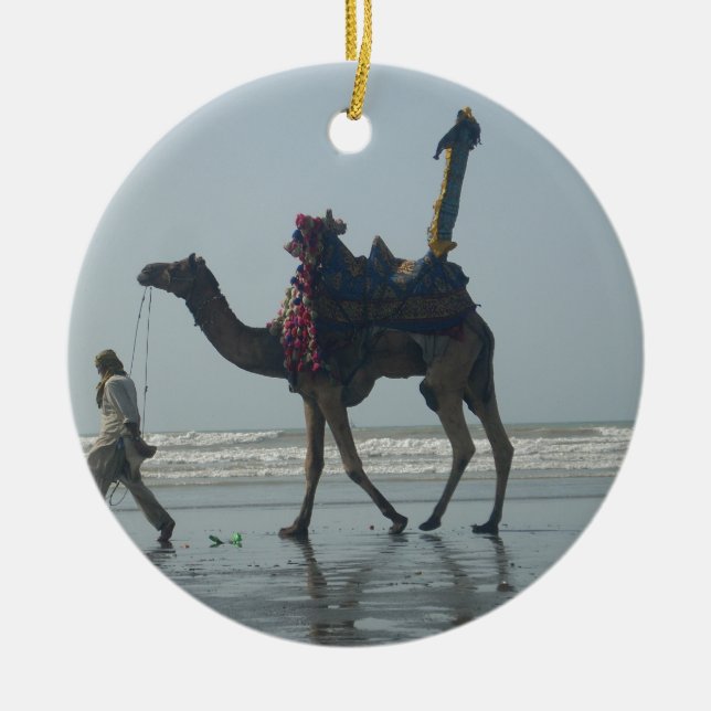 Tribal Camel Ride: Morning Tide Sands & Sea Ceramic Ornament (Front)