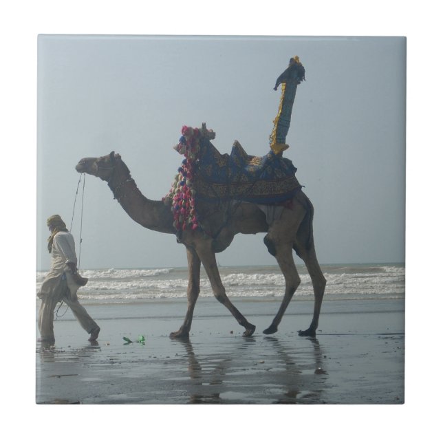 Tribal Camel Ride: Morning Tide Sands & Sea Ceramic Tile (Front)
