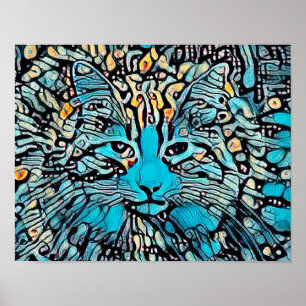 Tribal Cat Blue Yellow Mosaic Abstract Art Design Poster