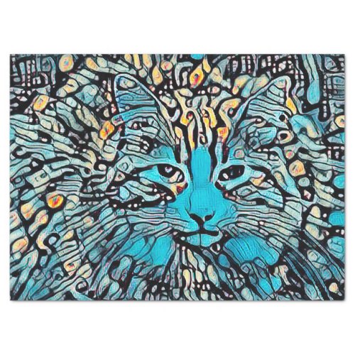 Tribal Cat Blue Yellow Mosaic Abstract Decoupage Tissue Paper