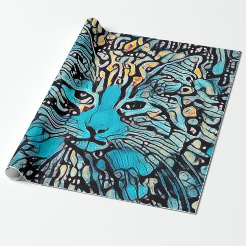 Tribal Cat Blue Yellow Mosaic Abstract Decoupage Wrapping Paper