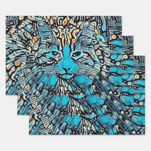 Tribal Cat Blue Yellow Mosaic Abstract Decoupage Wrapping Paper Sheets