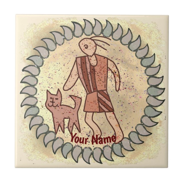 Tribal Cat Person Rune Ceramic Tile (Front)