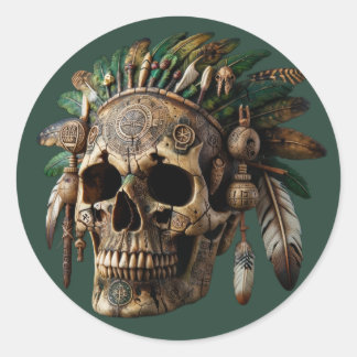 Tribal Clan Skull Classic Round Sticker