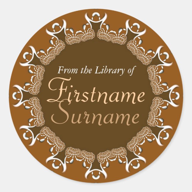 Tribal Coffee Lace Hearts Bookplate Sticker (Front)