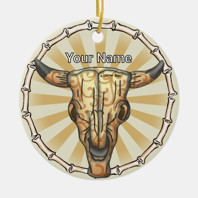 Tribal Cow Skull Ceramic Ornament (Front)