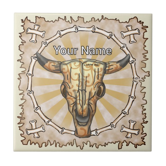 Tribal Cow Skull Ceramic Tile (Front)