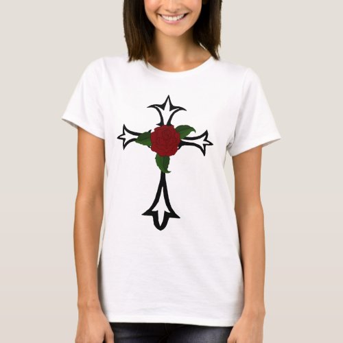 Tribal Cross With A Red Rose T_Shirt