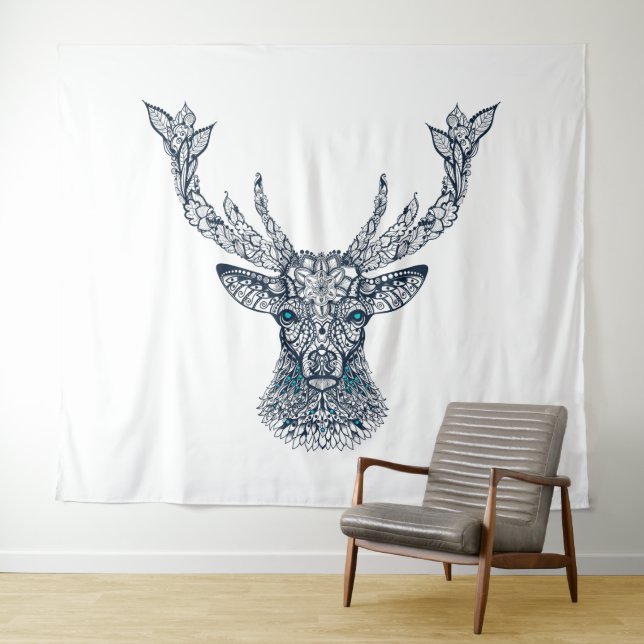 Tribal deer portrait illustration tapestry (In Situ (Horizontal))
