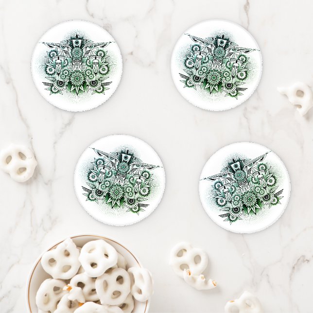 Tribal Design Green Tint Coaster Set (In Situ)
