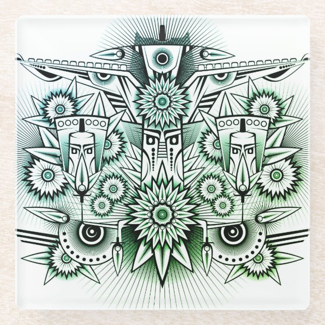Tribal Design Green Tint Glass Coaster (Front)