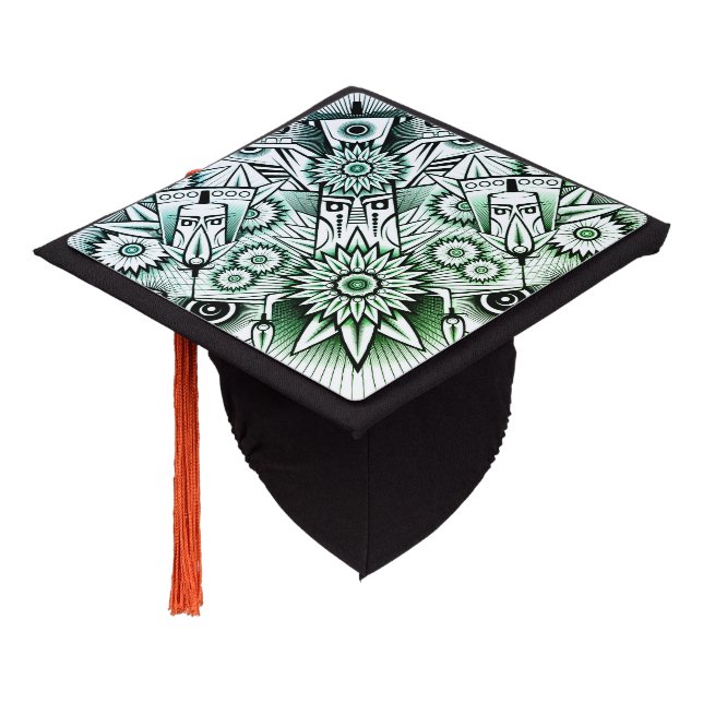 Tribal Design Green Tint Graduation Cap Topper (Angled)