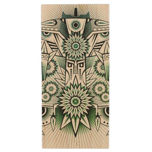 Tribal Design Green Tint Wood Flash Drive