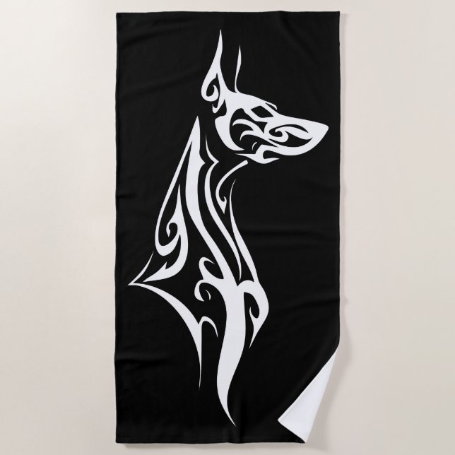 Tribal Doberman Silhouette Minimal Design Beach Towel (Front)