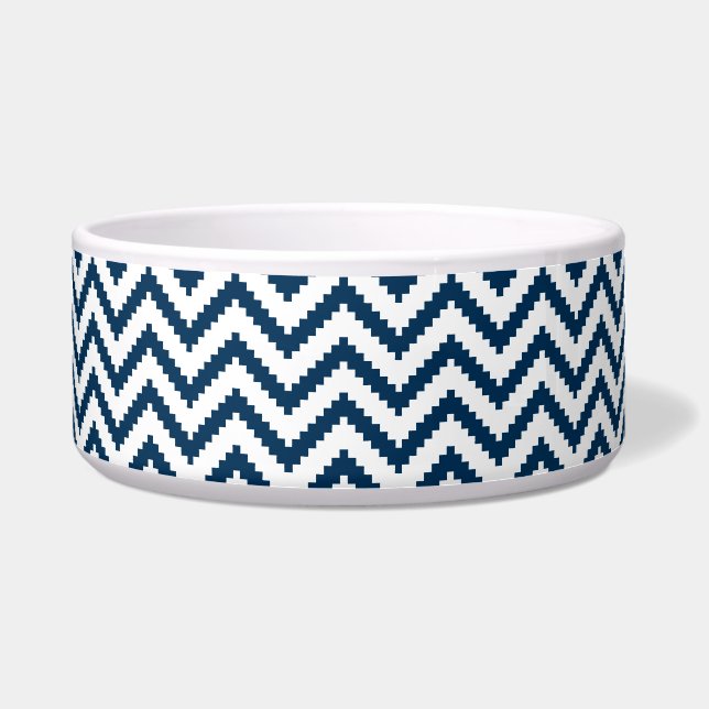 Tribal Dog Bowl, Navy Blue and White Chevron Bowl (Front)