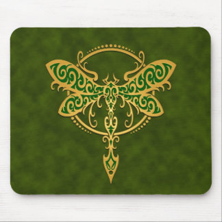 Tribal Dragonfly – golden green Mouse Pad