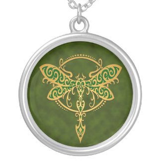 Tribal Dragonfly – golden green Silver Plated Necklace