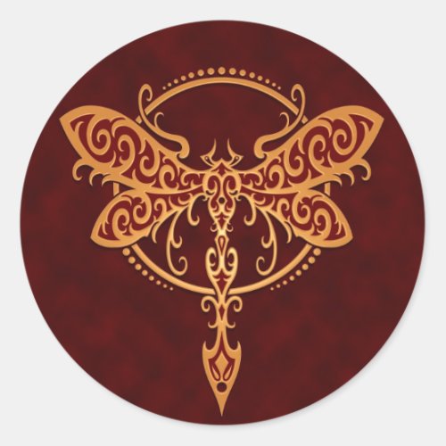 Tribal Dragonfly Golden Red Classic Round Sticker