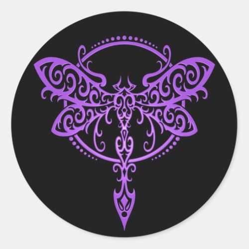 Tribal Dragonfly Purple and Black Classic Round Sticker
