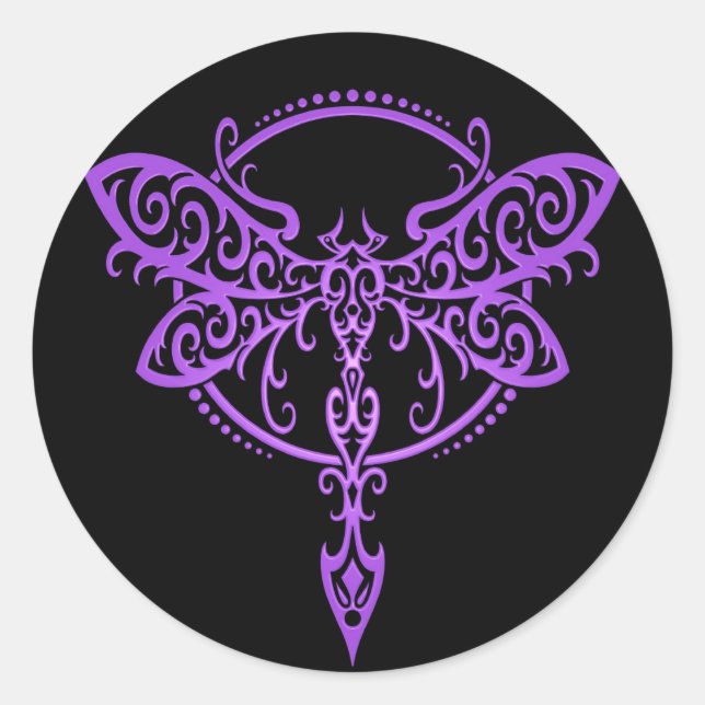 Tribal Dragonfly, Purple and Black Classic Round Sticker (Front)