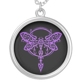 Tribal Dragonfly – Purple & Black Silver Plated Necklace by JeffBartels at Zazzle