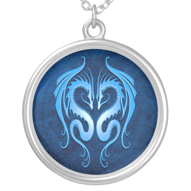 Tribal Dragons, blue Silver Plated Necklace (Front)