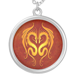 Tribal Dragons, red and yellow Silver Plated Necklace