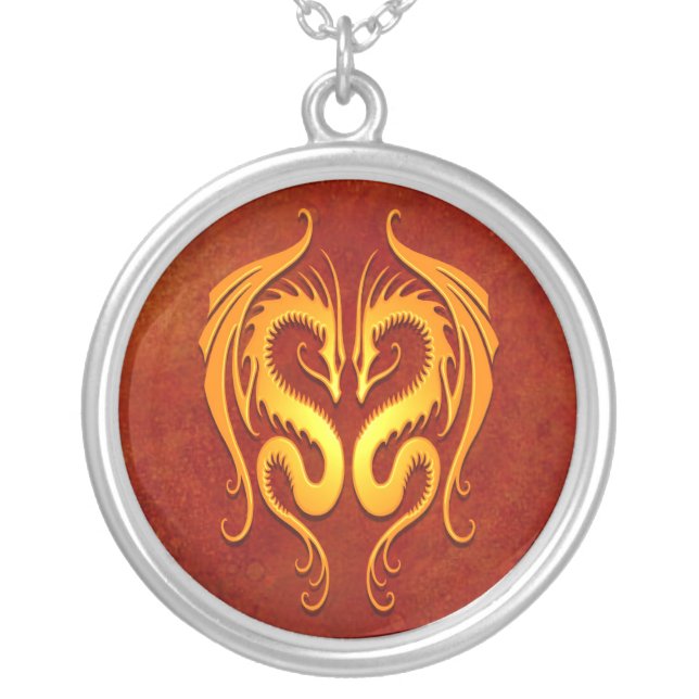 Tribal Dragons, red and yellow Silver Plated Necklace (Front)