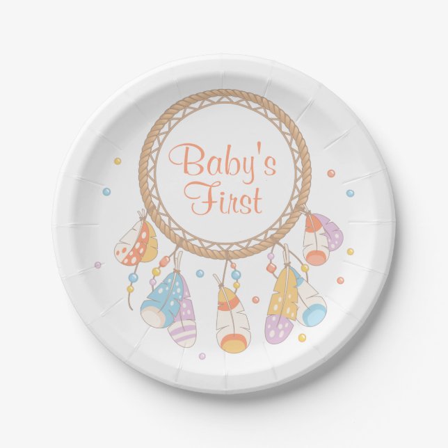 Tribal Dreamcatcher Boho Baby First 1st Birthday Paper Plates (Front)