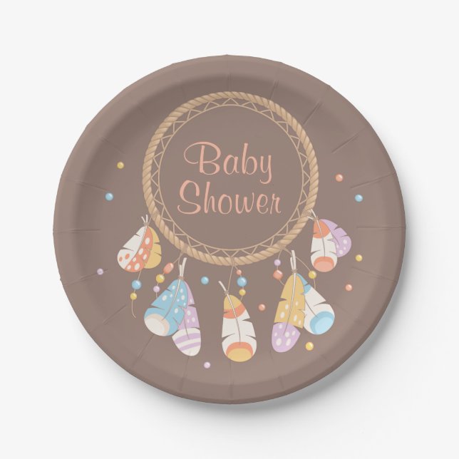 Tribal Dreamcatcher Boho Baby Shower Brown Paper Plates (Front)