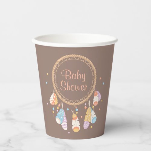 Tribal Dreamcatcher Boho Baby Shower on Brown Paper Cups