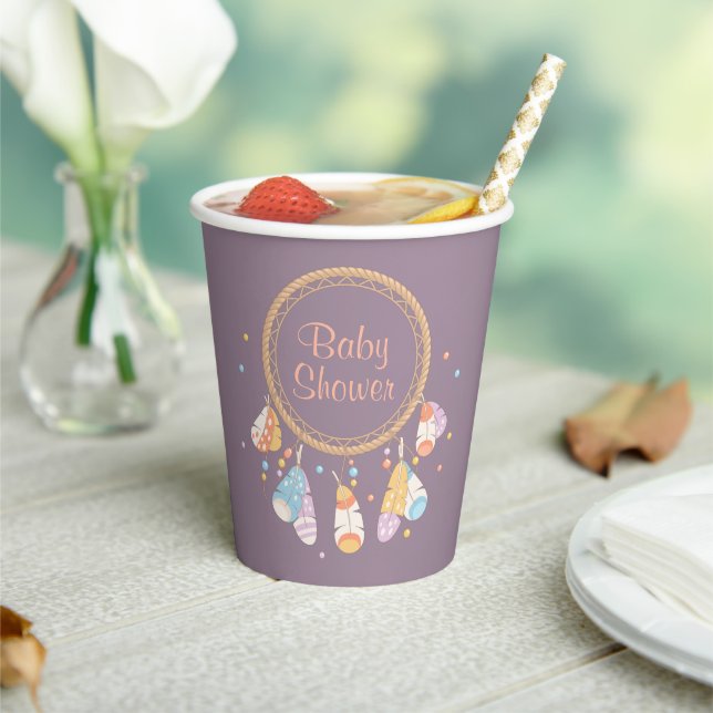 Tribal Dreamcatcher Boho Baby Shower on Purple Paper Cups (Insitu)